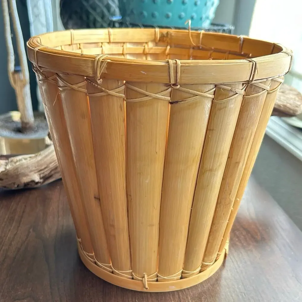 Vintage split reed Rattan and Bamboo planter waste basket trashcan